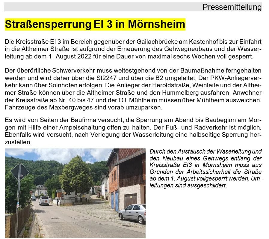 Straßensperrung EI 3 in Mörnsheim
